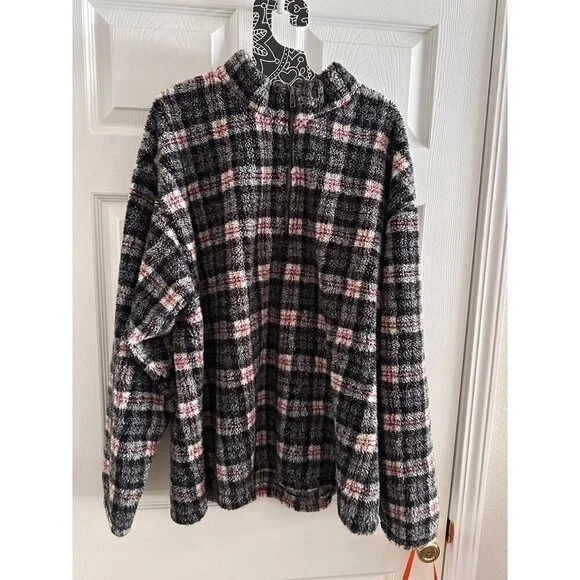 Eddie Bauer Vintage 3/4 Quarter Zip Plaid Fuzzy Pullover Mens Size XL